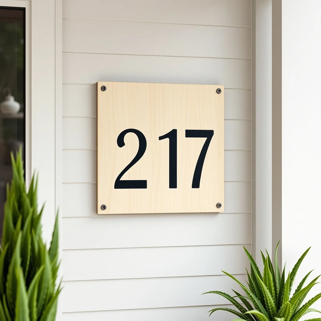 Minimalist Stenciled Plywood - 15 Easy DIY House Number Sign Ideas for Modern Homes