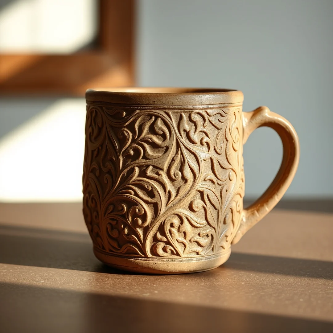 Intricate Carved Mug - 15 Mug Shape Pottery Ideas for Ceramic Design Inspo