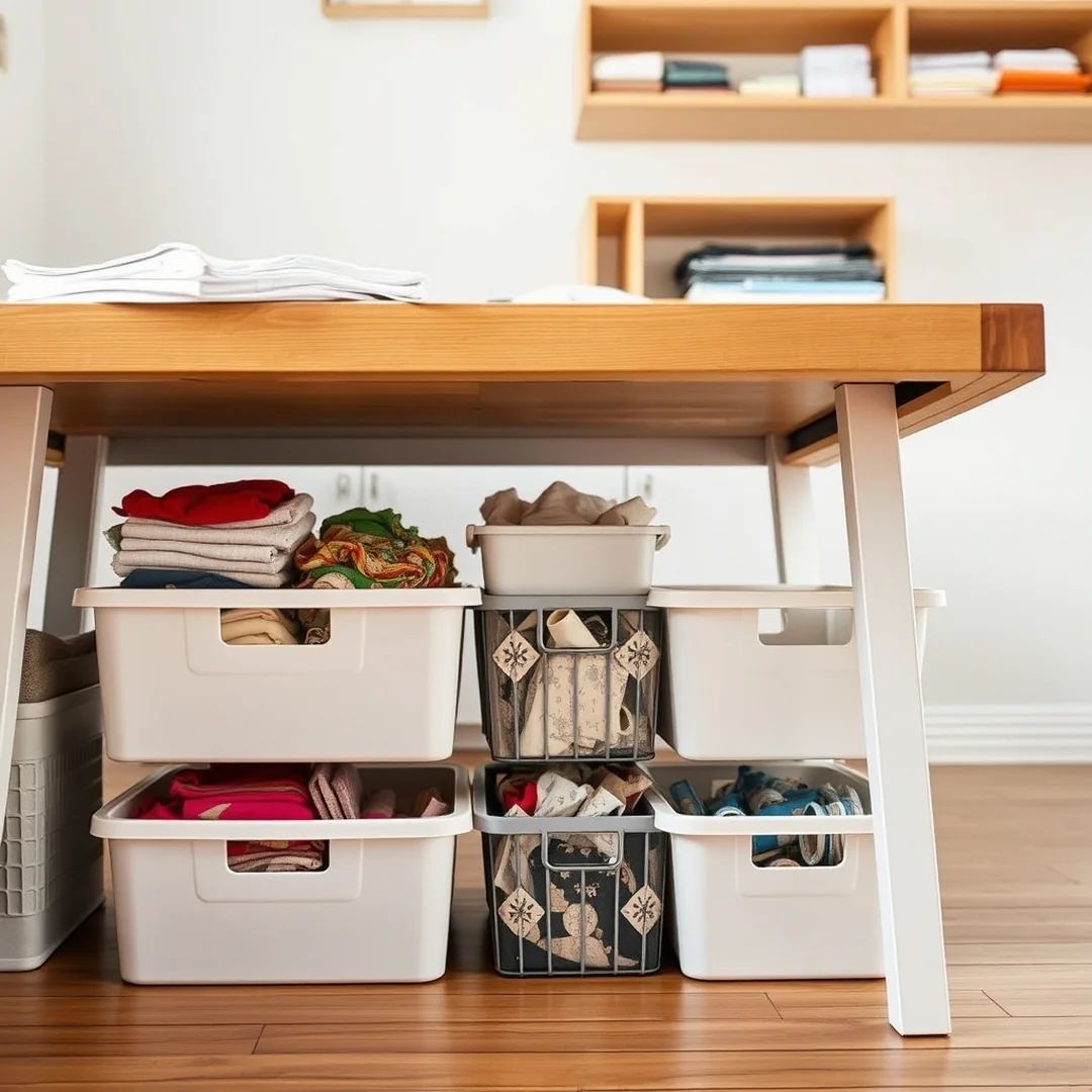 Under-Table Fabric Storage - 17 Small Sewing Room Ideas for Spacious Organized Setup