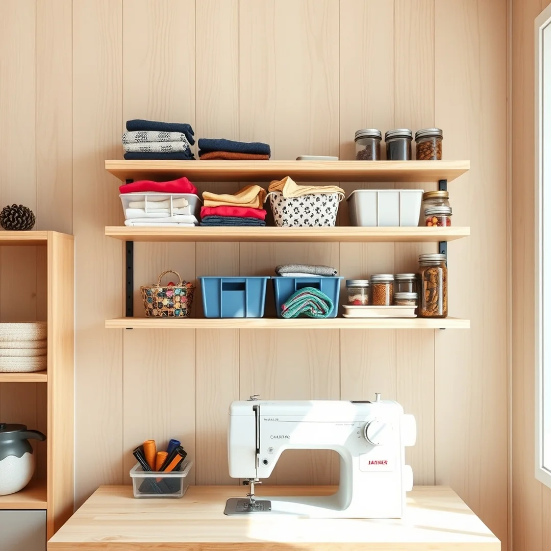 Floating Wall Shelves - 17 Small Sewing Room Ideas for Spacious Organized Setup