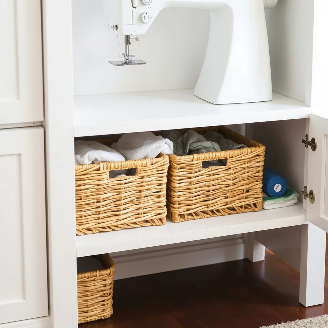 Integrated Wicker Storage Bins - 18 Sewing Machine Cabinet Ideas to Hide Clutter Smartly
