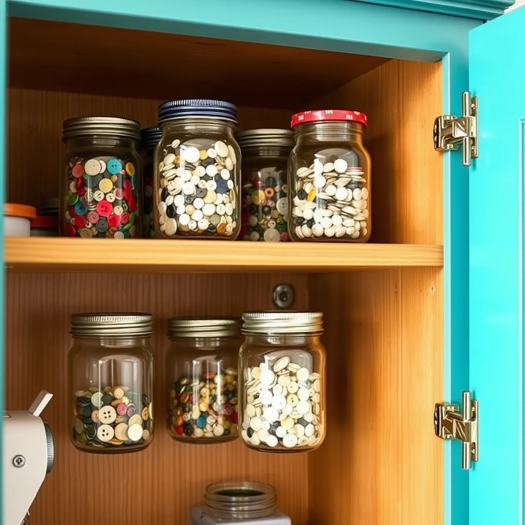 Mason Jar Hardware Shelving - 18 Sewing Machine Cabinet Ideas to Hide Clutter Smartly
