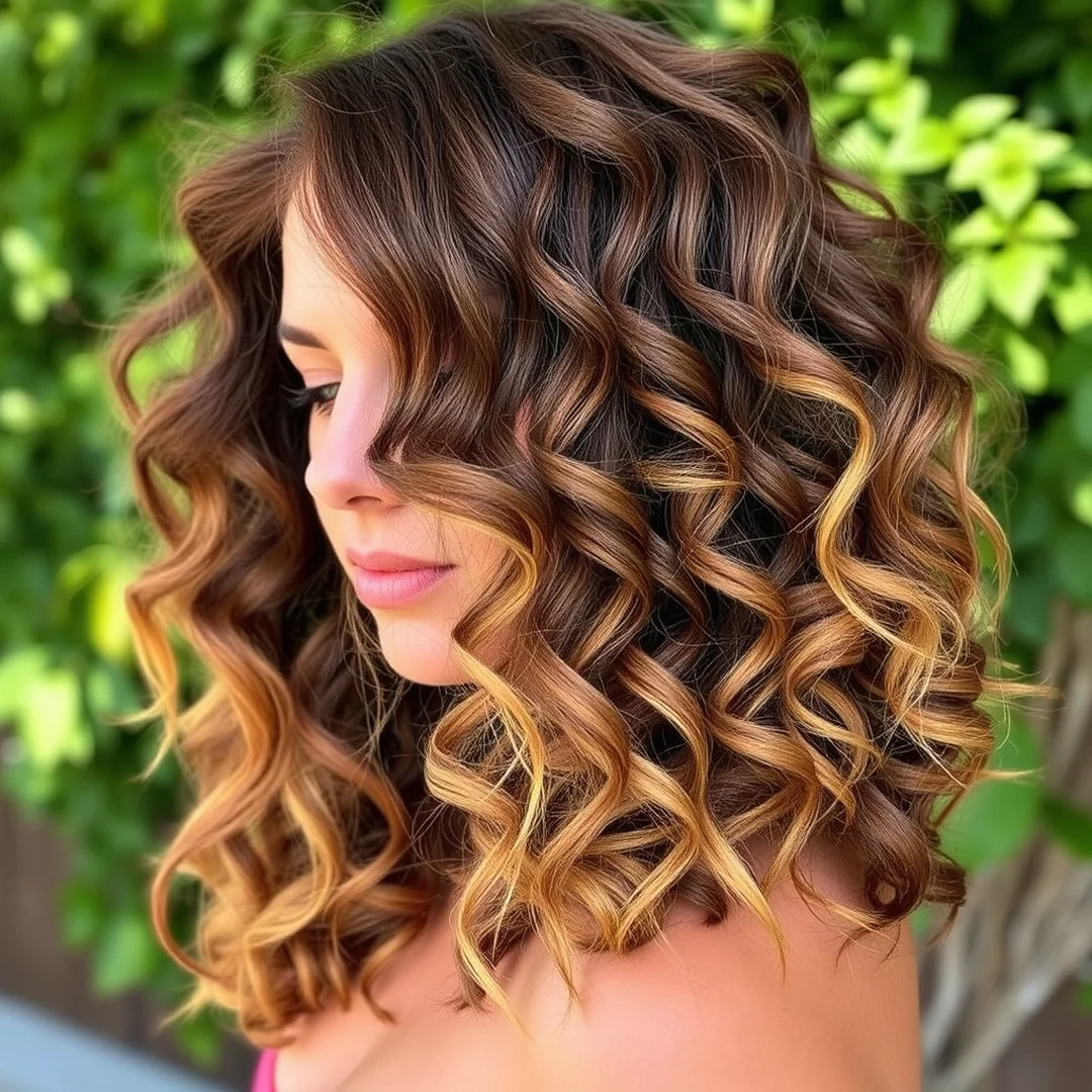 Caramel Ribbon Highlights - 19 Defined Curly Brown Hair Highlights Texture Boost Look