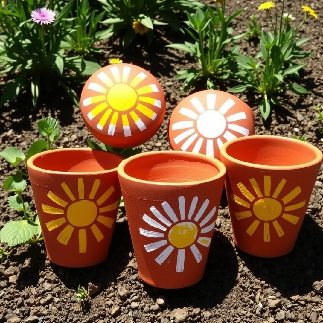 Sunburst Motif Painted Pots - 18 Painted Terracotta Pot Ideas for Garden Decor